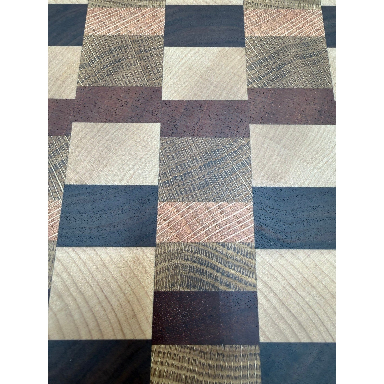 Premium End Grain Cutting Board Handmade, 16.5 x 11.5 x 1.75, mixed hardwoods, juice groove, finger grips, brass feet, gift ready