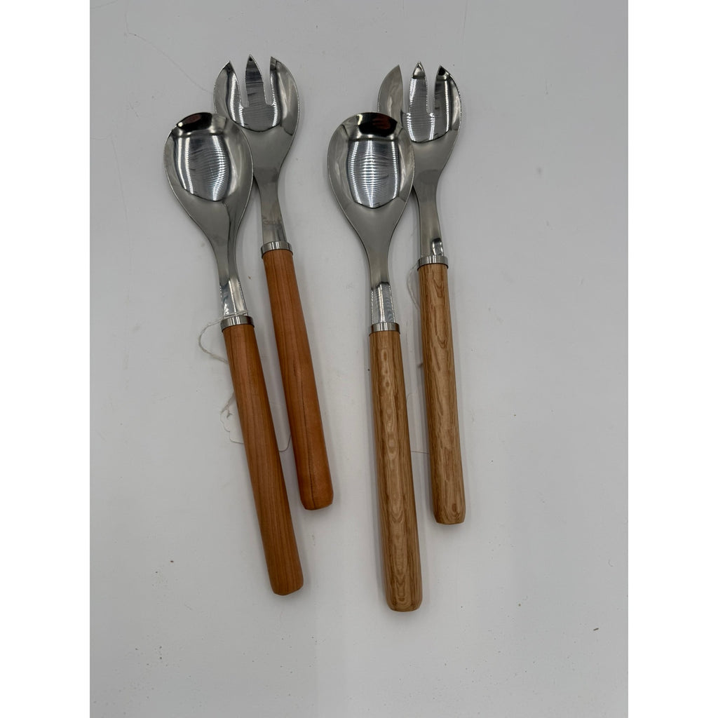Hand Turned Wood Handle Salad Server Set, stainless steel heads, food safe finish, oak or cherry, handmade kitchen gift
