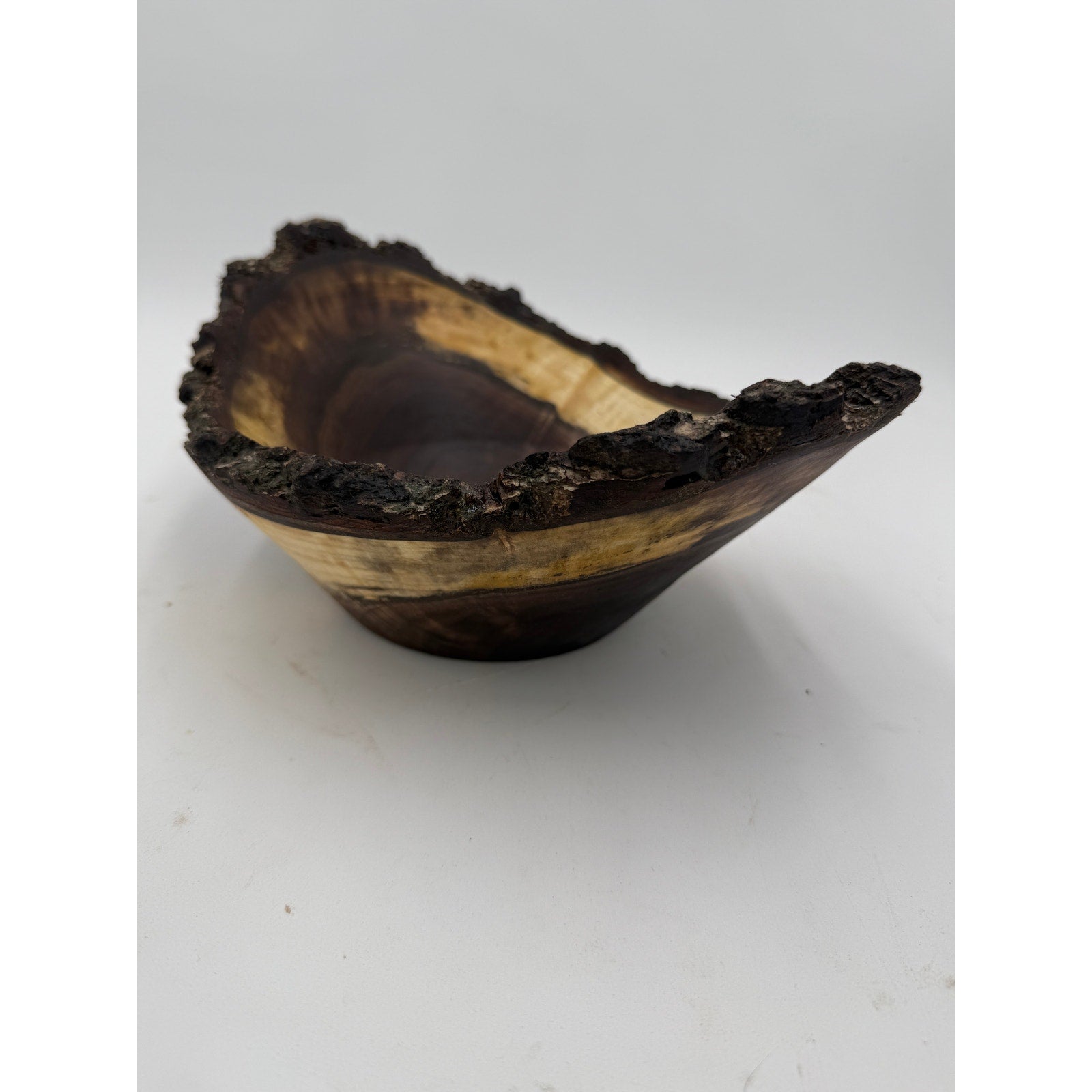Live Edge Walnut Bark Rim Hand Turned Bowl, 11x8 size, 4.5 in tall, food safe finish, rustic centerpiece, artisan made