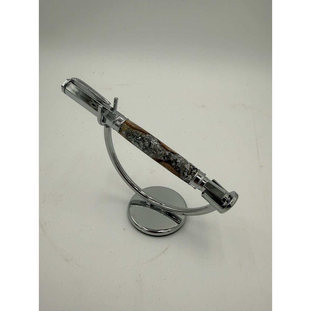 Hand Turned Fountain Pen with Silver Accents, epoxy barrel with silver flake and grapevine, includes ink pump and cartridge, handmade gift