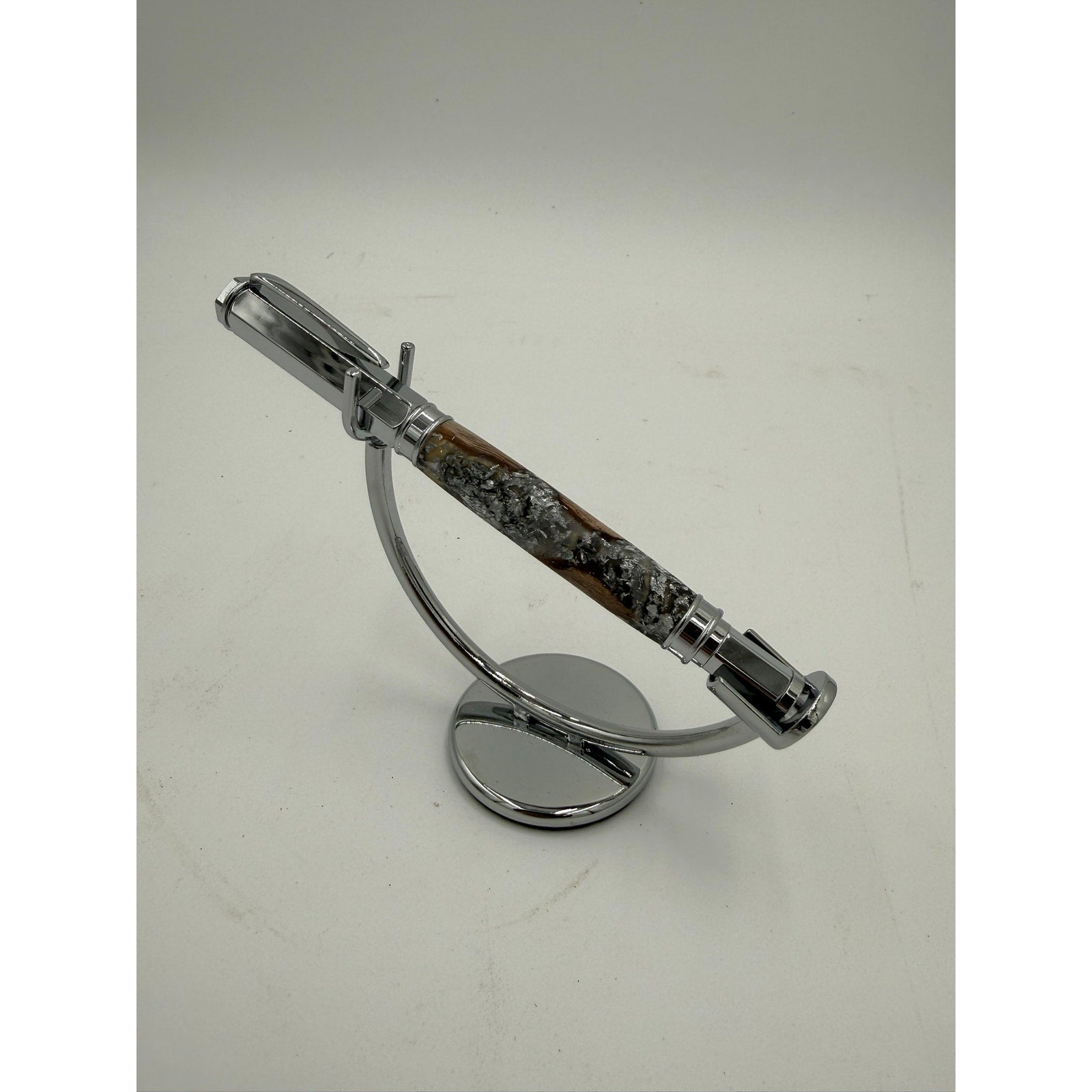 Hand Turned Fountain Pen with Silver Accents, epoxy barrel with silver flake and grapevine, includes ink pump and cartridge, handmade gift
