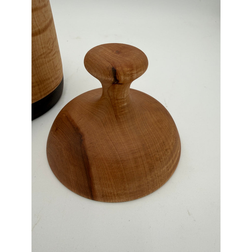 Hand Turned Figured Maple Lidded Box with Walnut Base, 4.25 x 7.5, tea bag storage, key holder, catchall, kitchen canister