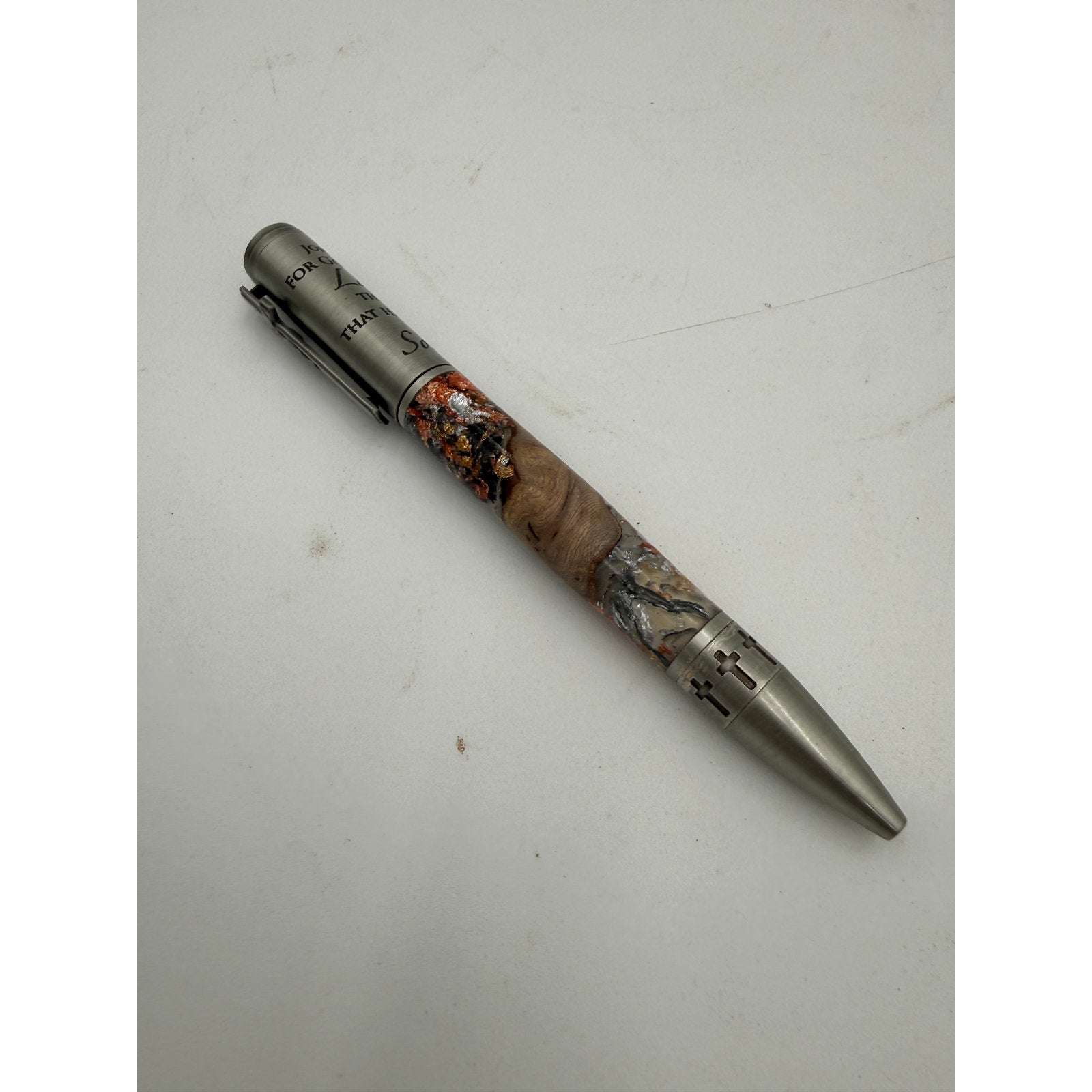 Premium Hand Turned Christian Pen, grapevine and clear epoxy body, metal cap engraved John 3:16, luxury writing gift for him
