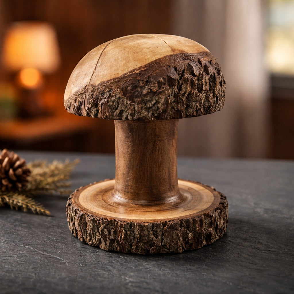 Live Edge Walnut Mushroom Tabletop Ornament, artisan woodturning, bark-on base and cap, natural walnut, 7" diameter, 9.5" height (SKU 1254)