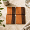 Handcrafted Hardwood Coaster Set of Four, dual-wood design, optional stand, choice of patterns and woods, 4x4 or 4.25x4.25