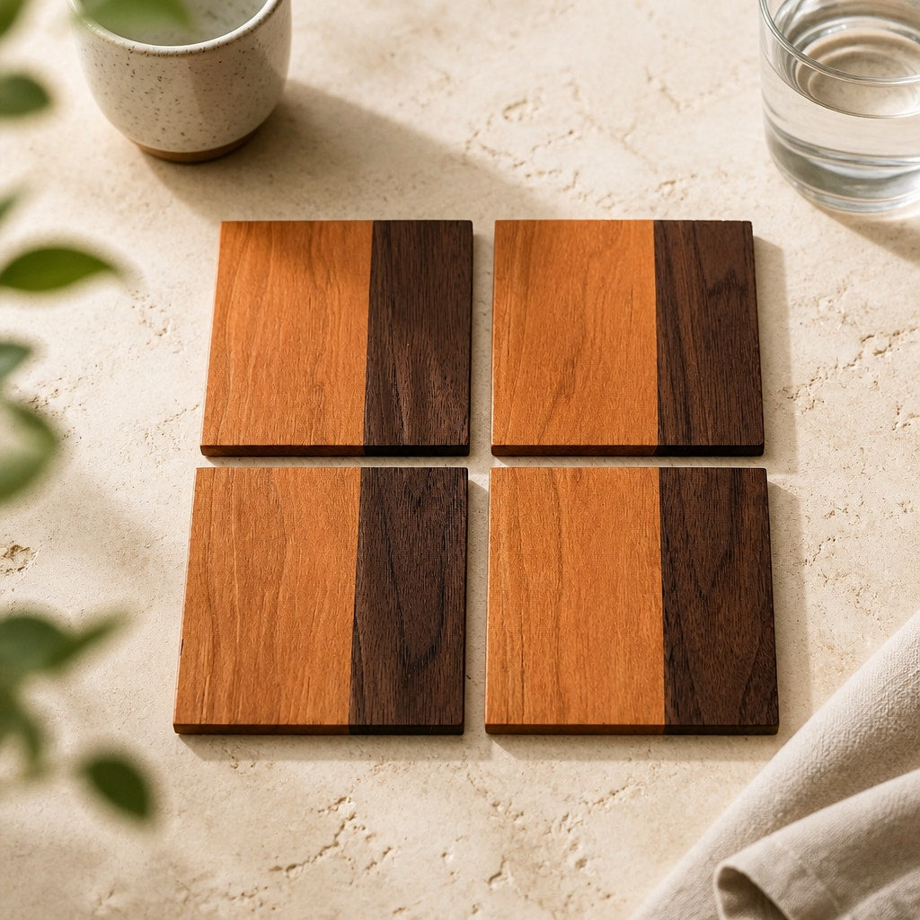Handcrafted Hardwood Coaster Set of Four, dual-wood design, optional stand, choice of patterns and woods, 4x4 or 4.25x4.25