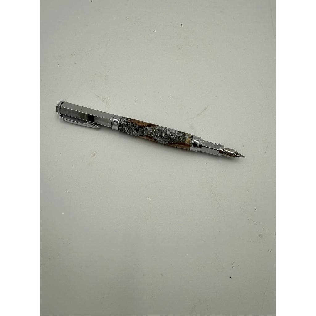 Hand Turned Fountain Pen with Silver Accents, epoxy barrel with silver flake and grapevine, includes ink pump and cartridge, handmade gift