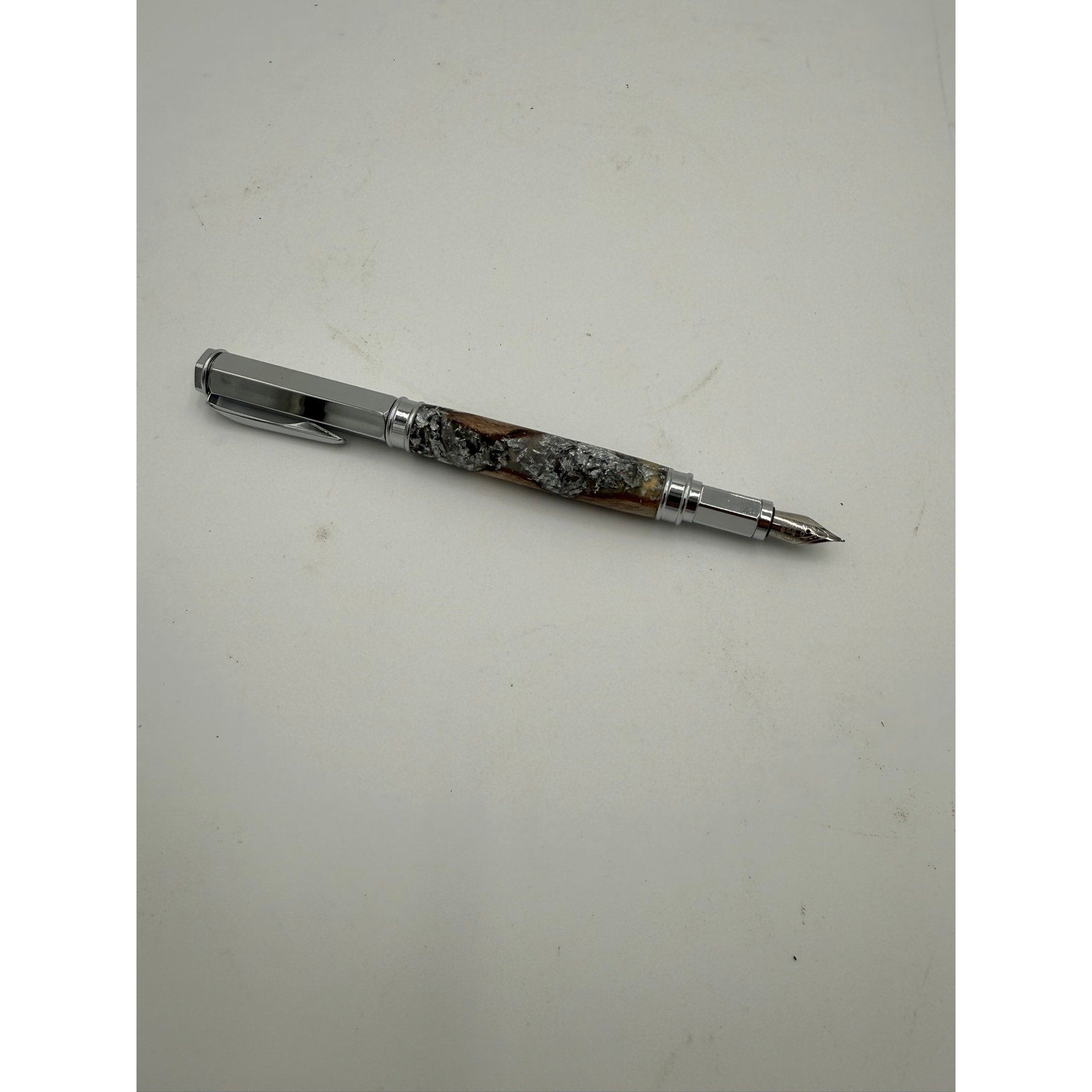 Hand Turned Fountain Pen with Silver Accents, epoxy barrel with silver flake and grapevine, includes ink pump and cartridge, handmade gift