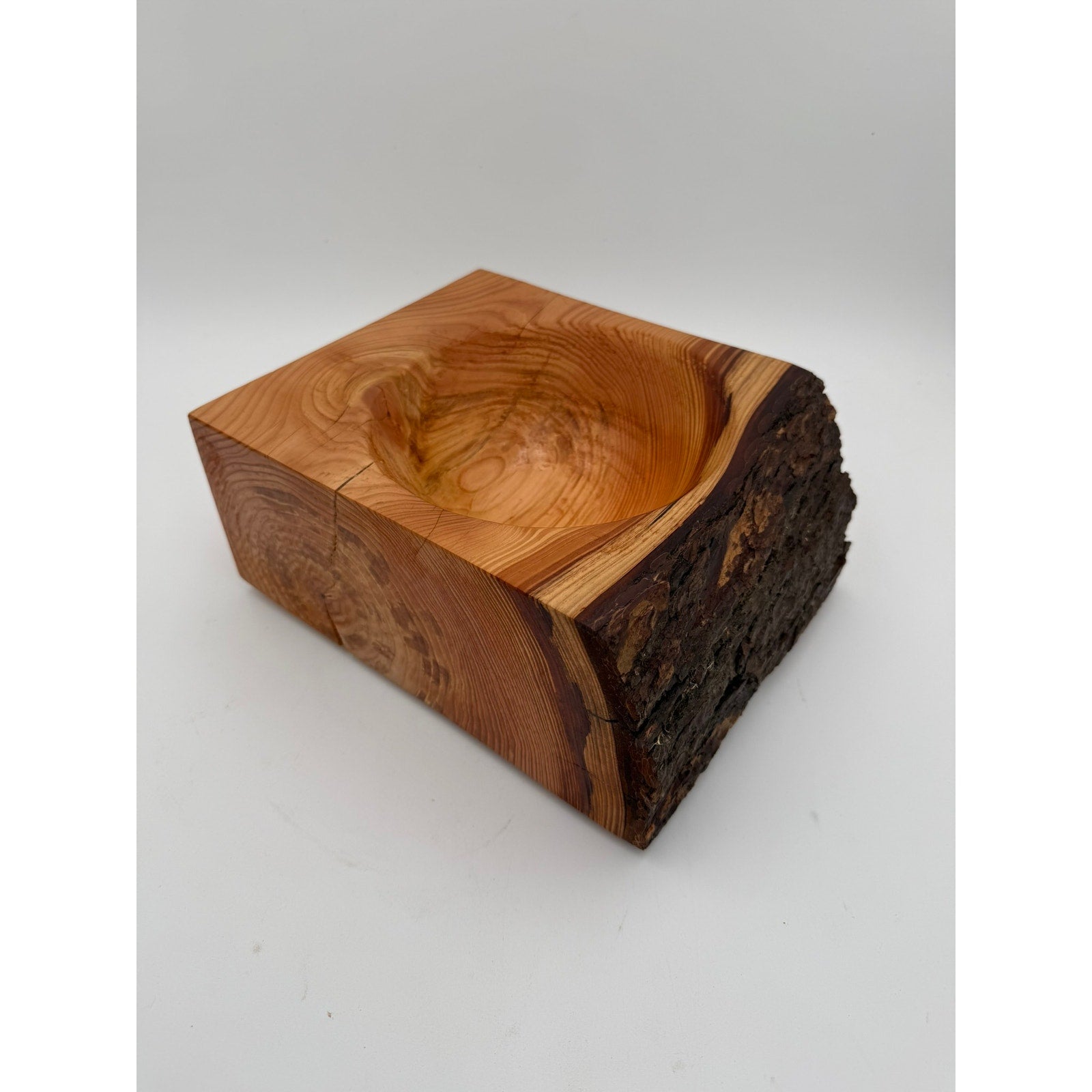 Natural edge fir wood centerpiece bowl, handmade rustic decor, live bark rim, 10.5 x 8.5 x 4.75 in, functional and decorative