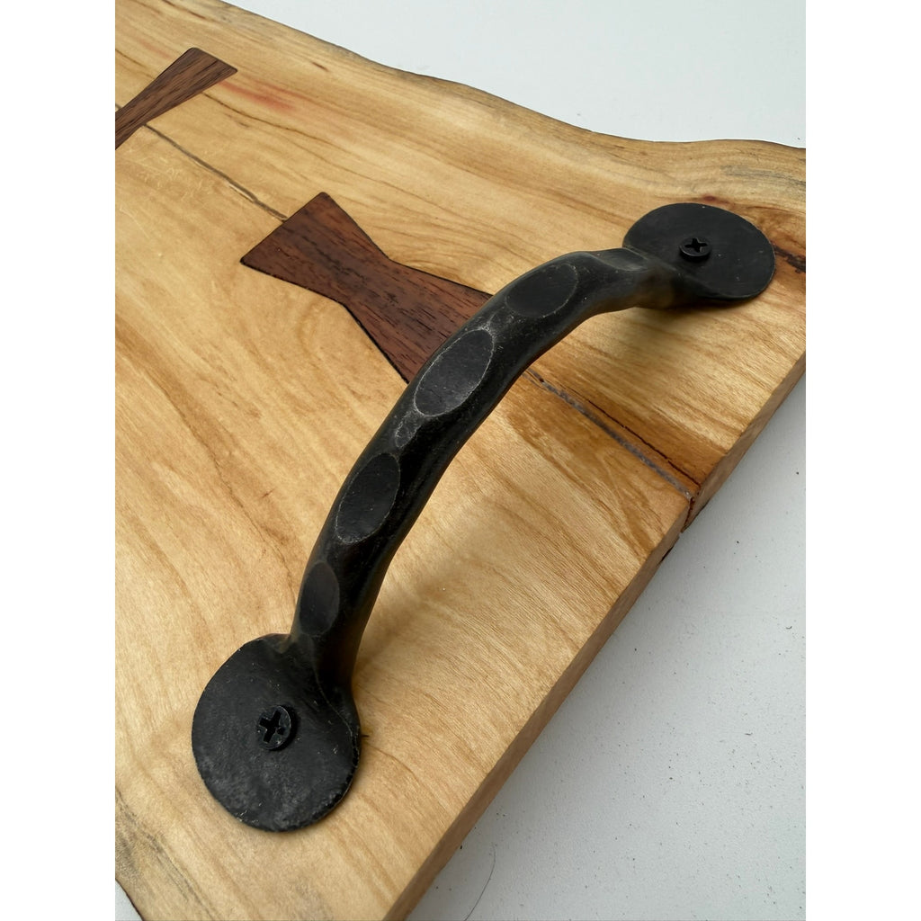 Live Edge Red Box Elder Charcuterie Board, walnut bow tie inlays, black wrought iron handles, 27.5 x 9 x .75, handmade, food safe