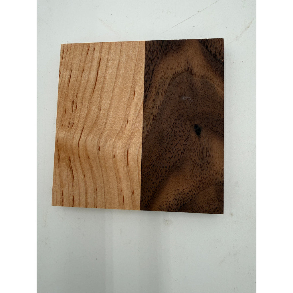 Handcrafted Hardwood Coaster Set of Four, dual-wood design, optional stand, choice of patterns and woods, 4x4 or 4.25x4.25