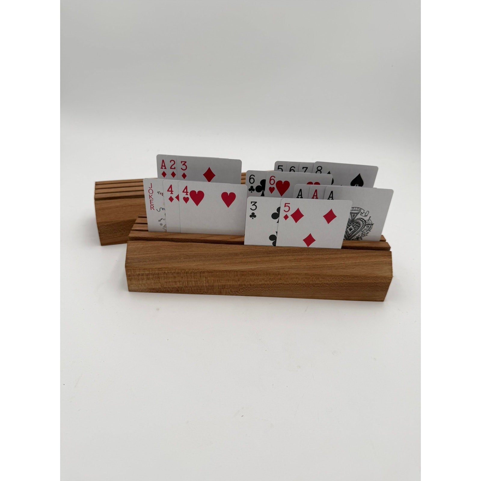 Handcrafted Wooden Playing Card Holder rack, 4-7 slot organizer, tabletop game accessory, bridge and poker aid