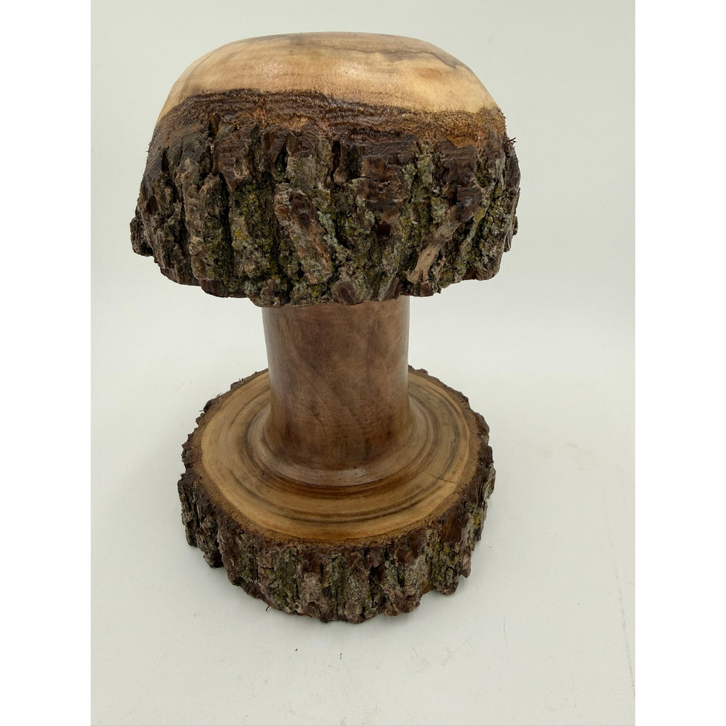 Live Edge Walnut Mushroom Tabletop Ornament, artisan woodturning, bark-on base and cap, natural walnut, 7" diameter, 9.5" height (SKU 1254)