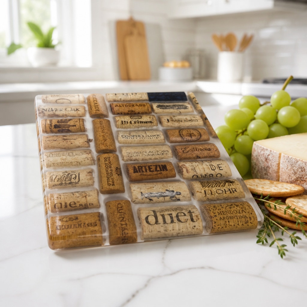 Handcrafted Wine Cork Charcuterie Board, Clear Epoxy, Compact Bar Board, SKU 1433