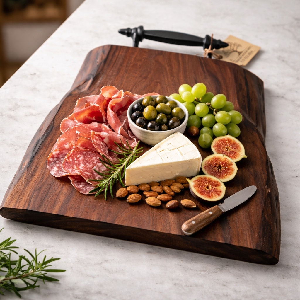 Heirloom Walnut Charcuterie Board with Handle, live edge serving tray, wrought iron handle, 13.75 x 14 x 1.75, thick substantial, functional