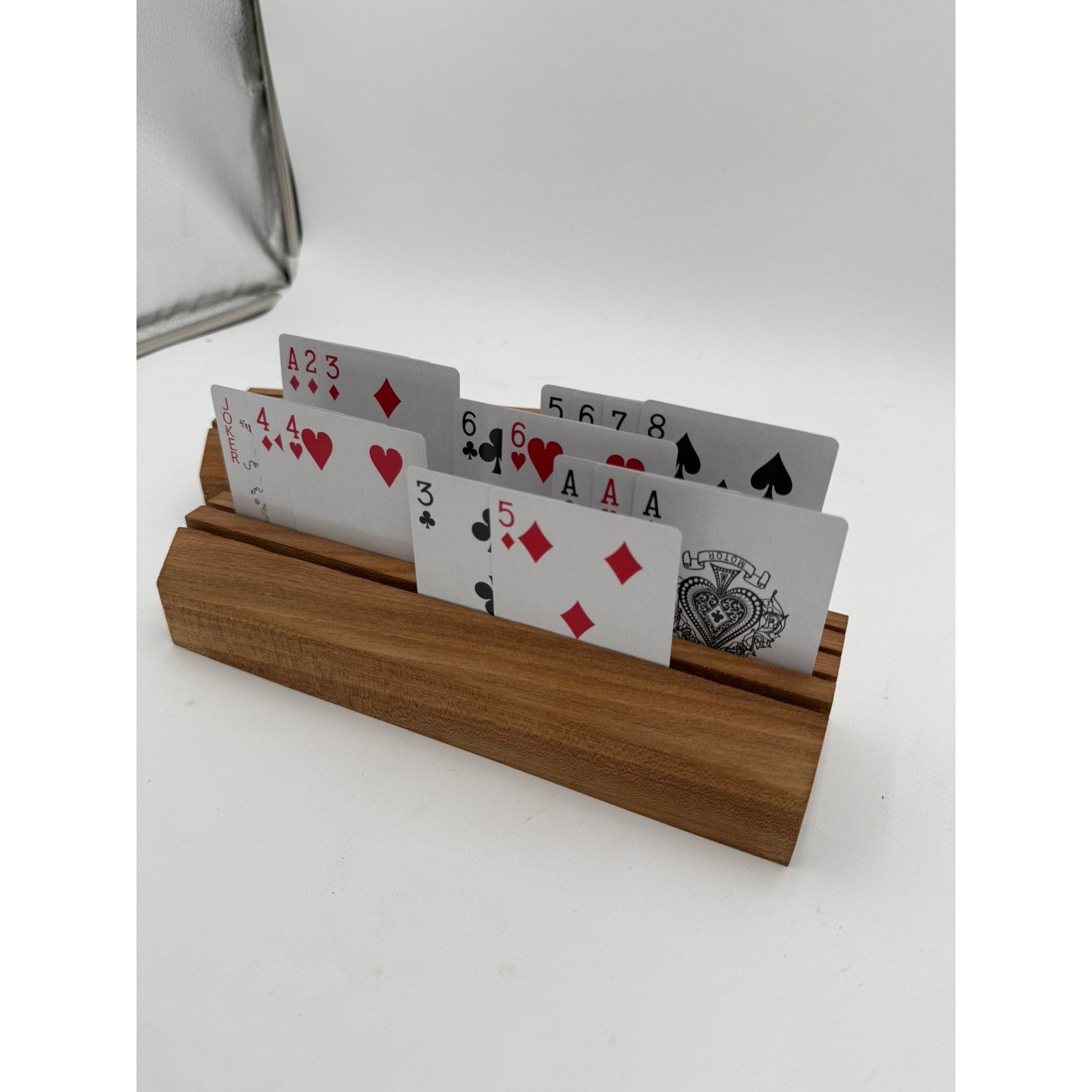 Handcrafted Wooden Playing Card Holder rack, 4-7 slot organizer, tabletop game accessory, bridge and poker aid