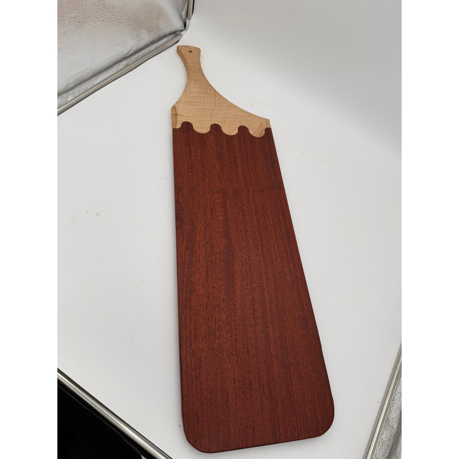 Large Padauk and Curly Maple Charcuterie Board, 34.75 x 9 x 0.75 in, handmade, food safe finish, serving tray, decorative yet functional