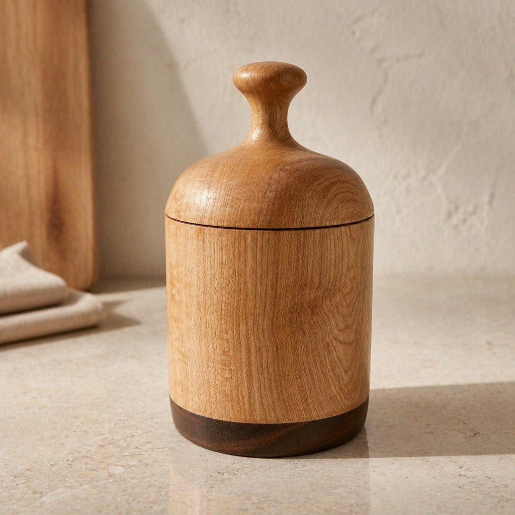 Hand Turned Figured Maple Lidded Box with Walnut Base, 4.25 x 7.5, tea bag storage, key holder, catchall, kitchen canister