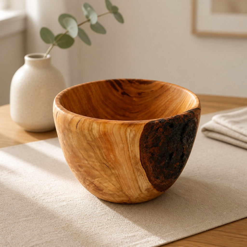 Hand Turned Cherry Wood Bowl with Live Edge, bark inclusion accent, from salvaged cherry log, 5.75" dia x 4.5" tall, hand crafted finish