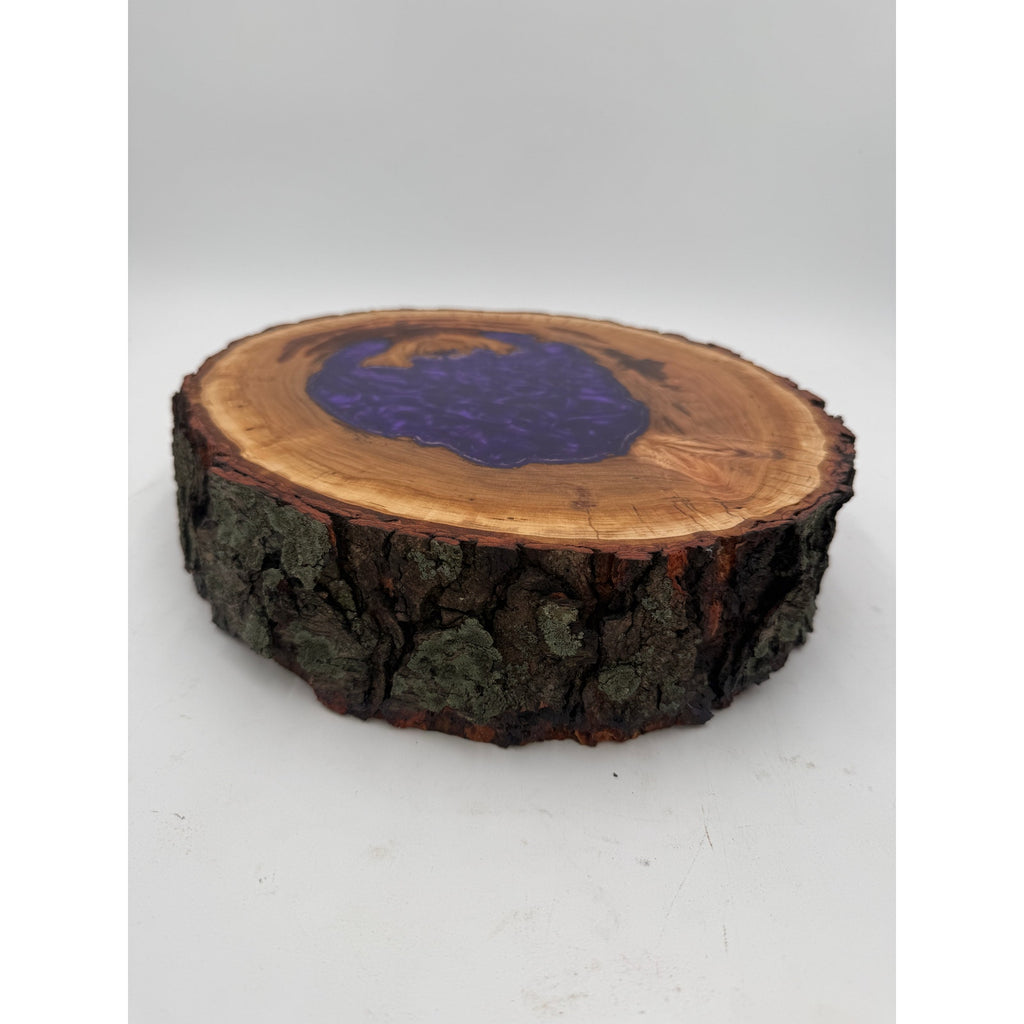 Hollow Cherry Log Charcuterie Board, Purple Epoxy Accents, Natural Bark Edge, 13x12x3, SKU 1416