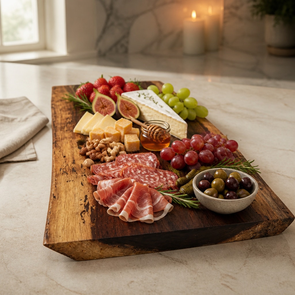 Live Edge Walnut Charcuterie Board Platter, rich dark coloring, intricate grain pattern, handcrafted, 18x8x1.1 in