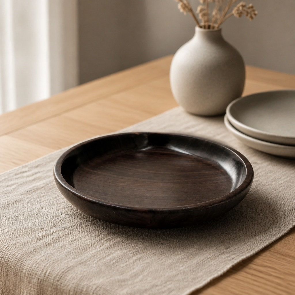 Minimal Dark Wood Serving Bowl 9x2, hand crafted, functional dish, rustic modern decor, small fruit or snack