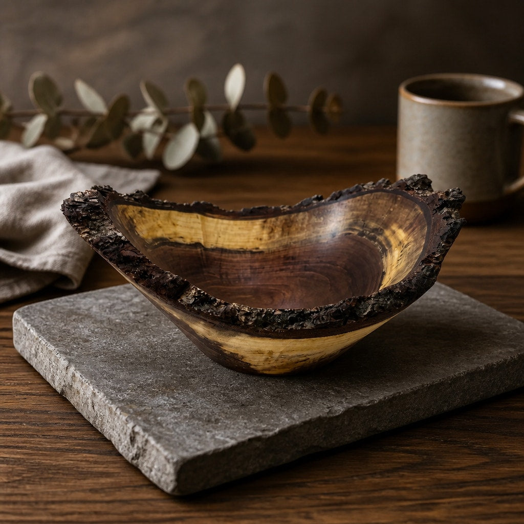 Live Edge Walnut Bark Rim Hand Turned Bowl, 11x8 size, 4.5 in tall, food safe finish, rustic centerpiece, artisan made