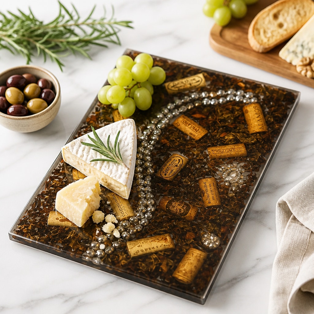 Handcrafted Epoxy Charcuterie Board, Wine Corks, Jewelry Inlay, Walnut Sawdust, SKU 1434