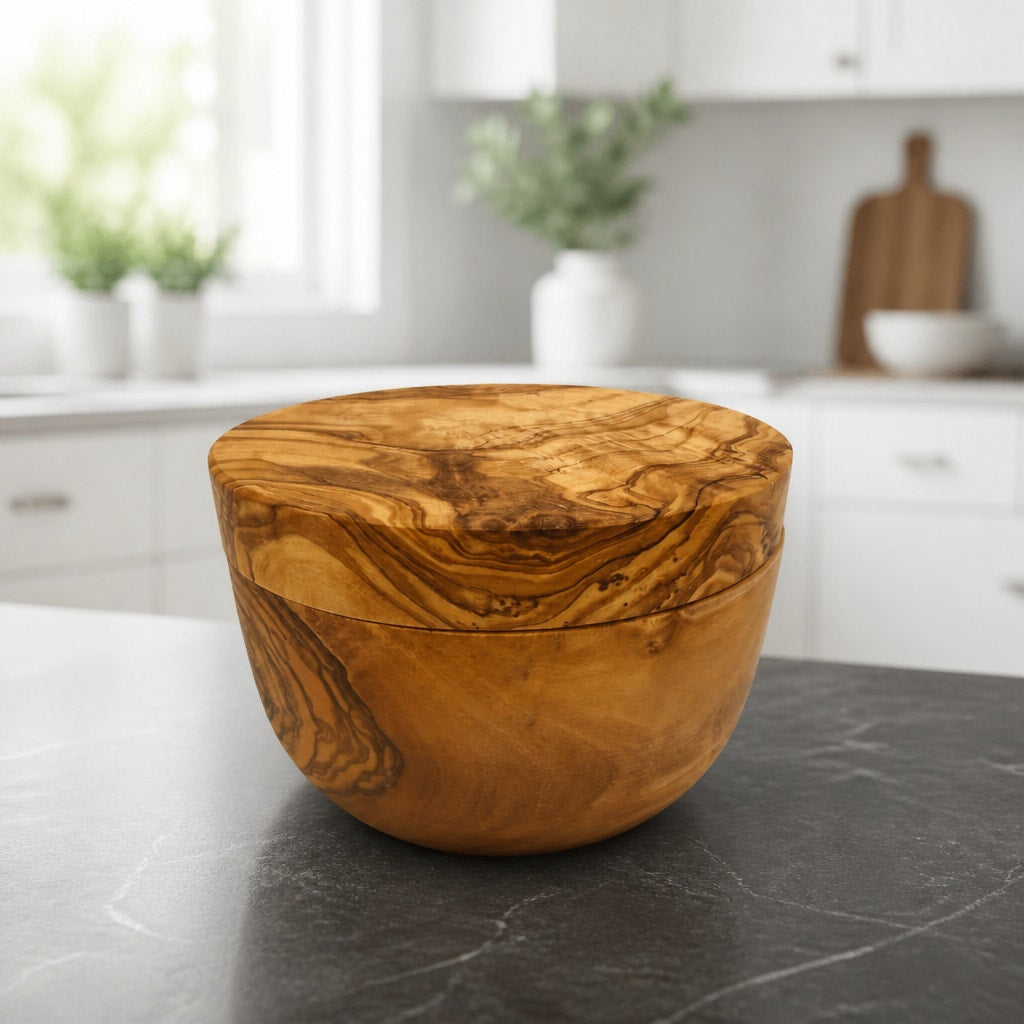Olivewood Salt Cellar with Swivel Lid, Solid Wood, Hidden Hinge, Magnetic Latch, 4x3 Tall, SKU 1428