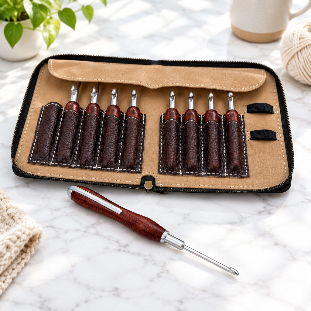 Hand Turned Crochet Hook Set, 9 Sizes, Interchangeable Handle, Leather Case, SKU 1554 1555