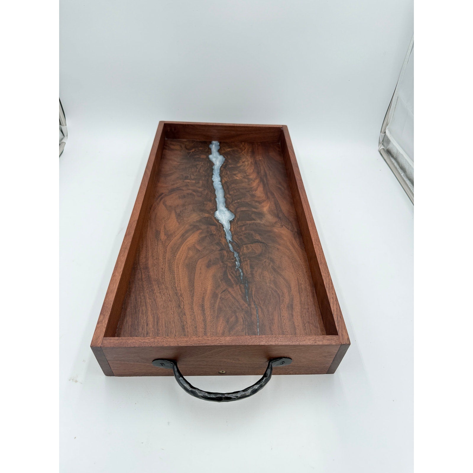 Walnut Burl Serving Tray with Pearl Epoxy accents, 22x11.75x3 size, wrought iron handles, food safe finish