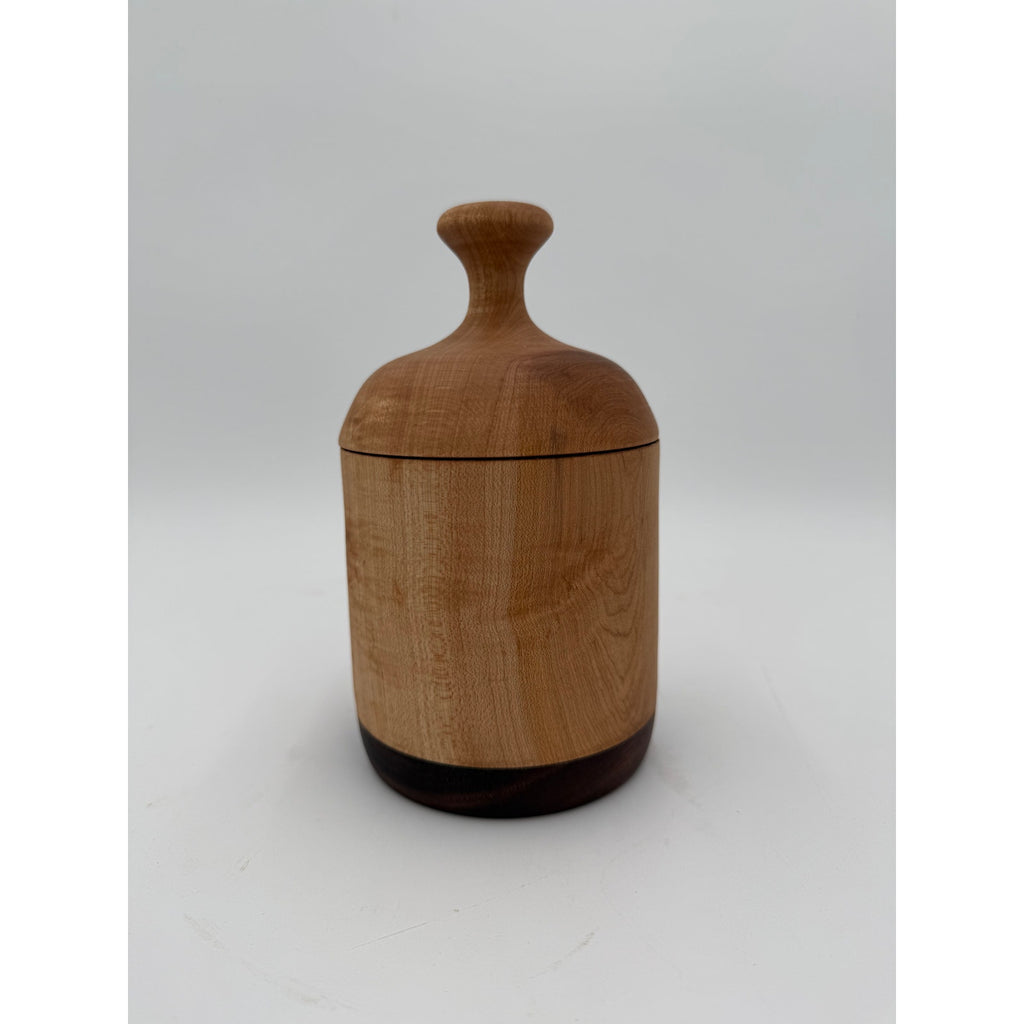 Hand Turned Figured Maple Lidded Box with Walnut Base, 4.25 x 7.5, tea bag storage, key holder, catchall, kitchen canister
