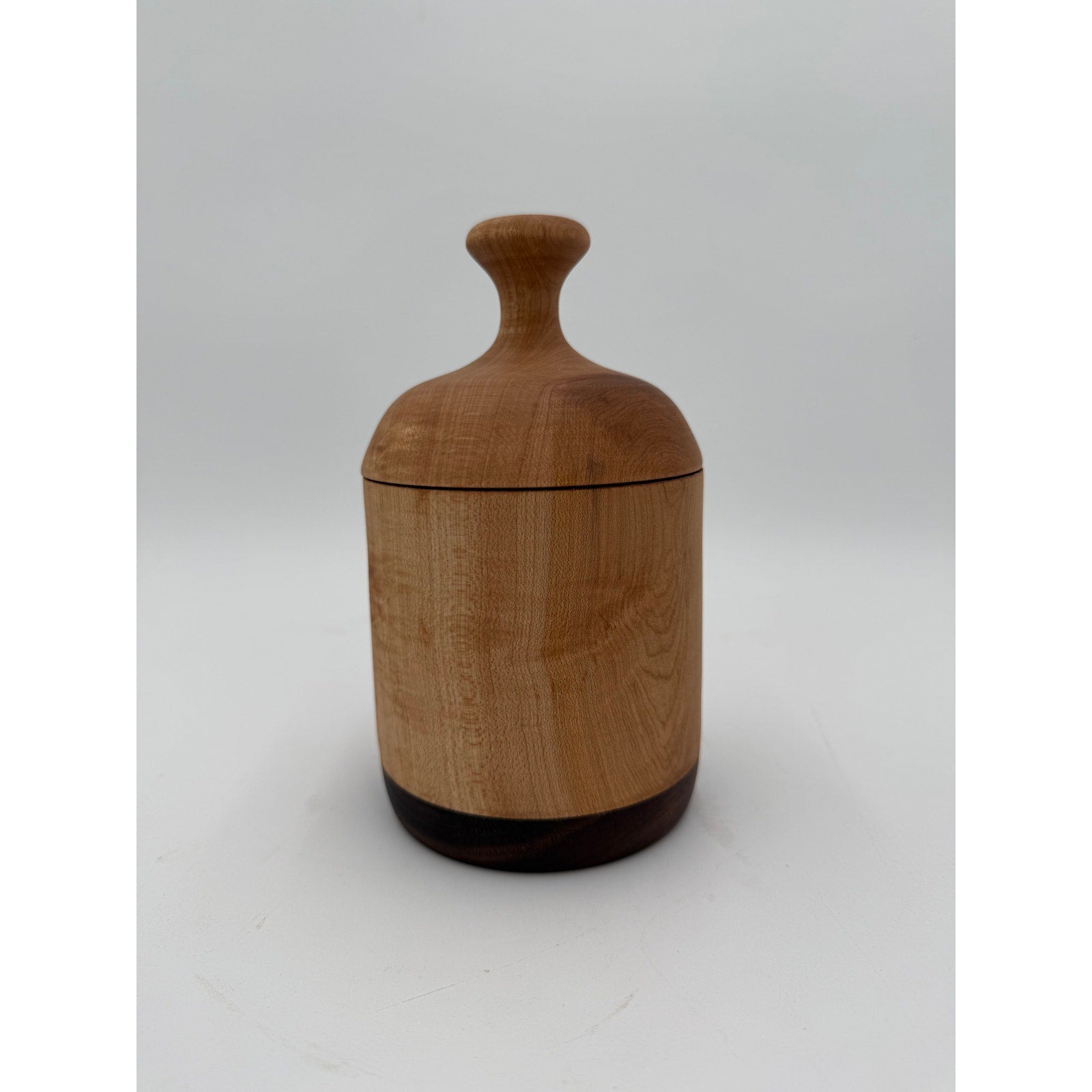 Hand Turned Figured Maple Lidded Box with Walnut Base, 4.25 x 7.5, tea bag storage, key holder, catchall, kitchen canister