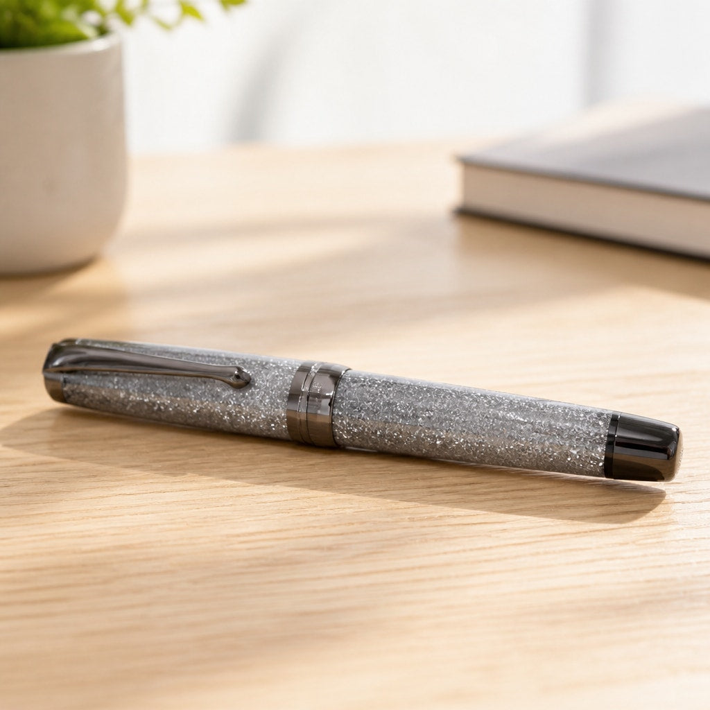 Hand Turned Cyclone Rollerball Pen, Silver Diamondcast Barrel, Gunmetal, Refillable, SKU 1436