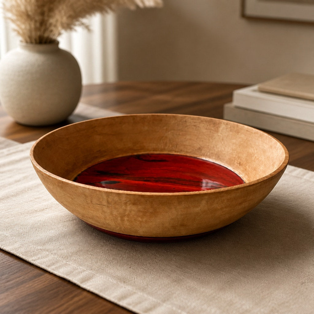 Large Heirloom Wooden Salad Bowl Handmade, 16.5 x 4.5 in, hard maple with padauk base, food safe finish, entertaining serveware, rustic chic