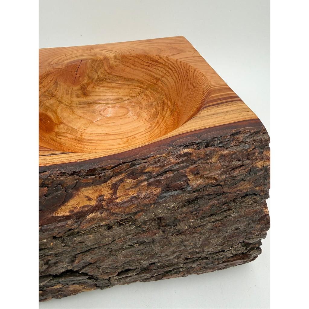 Natural edge fir wood centerpiece bowl, handmade rustic decor, live bark rim, 10.5 x 8.5 x 4.75 in, functional and decorative