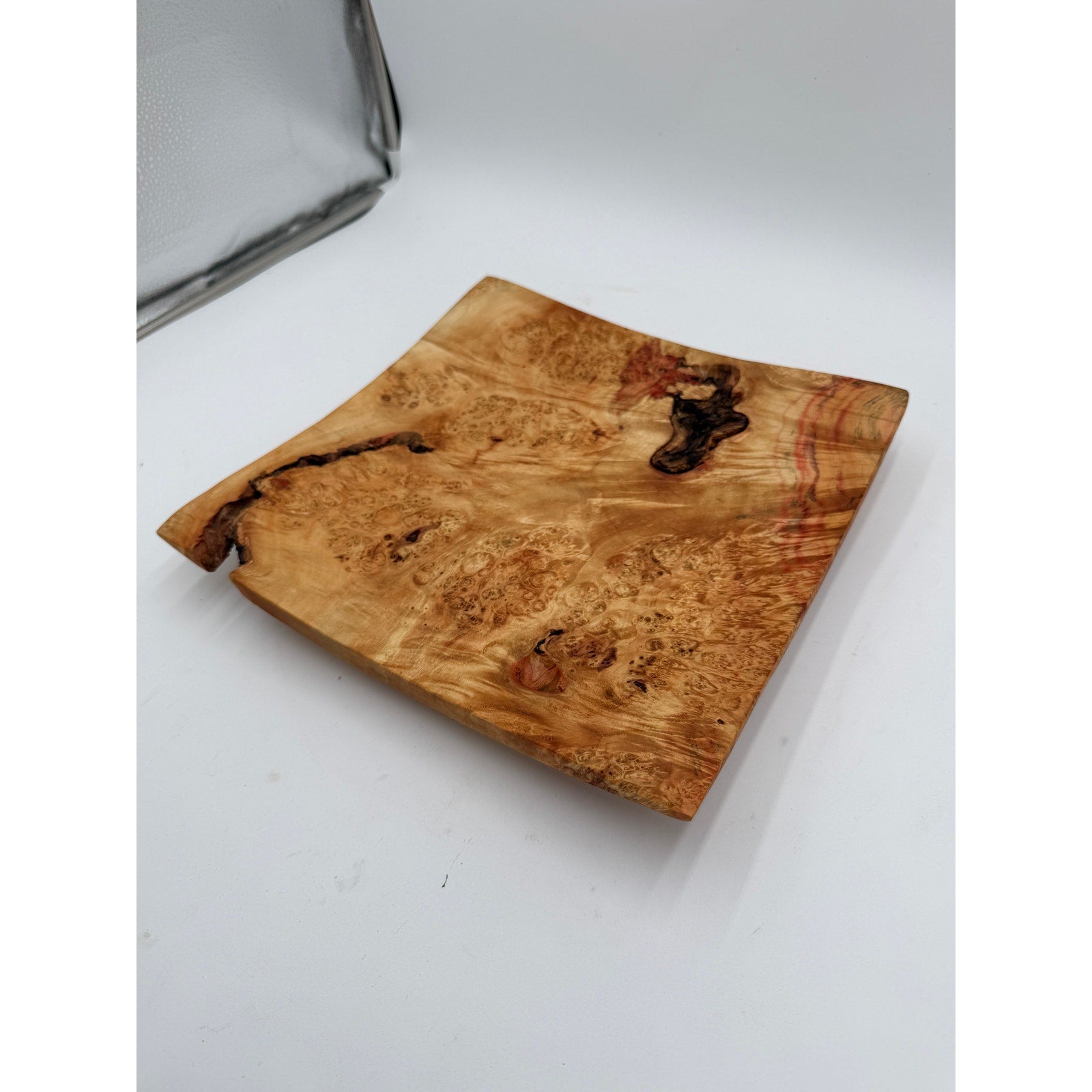 Box Elder Burl Hand Turned Square Bowl, 12x12x2 inches, natural edge, food safe finish, centerpiece decor