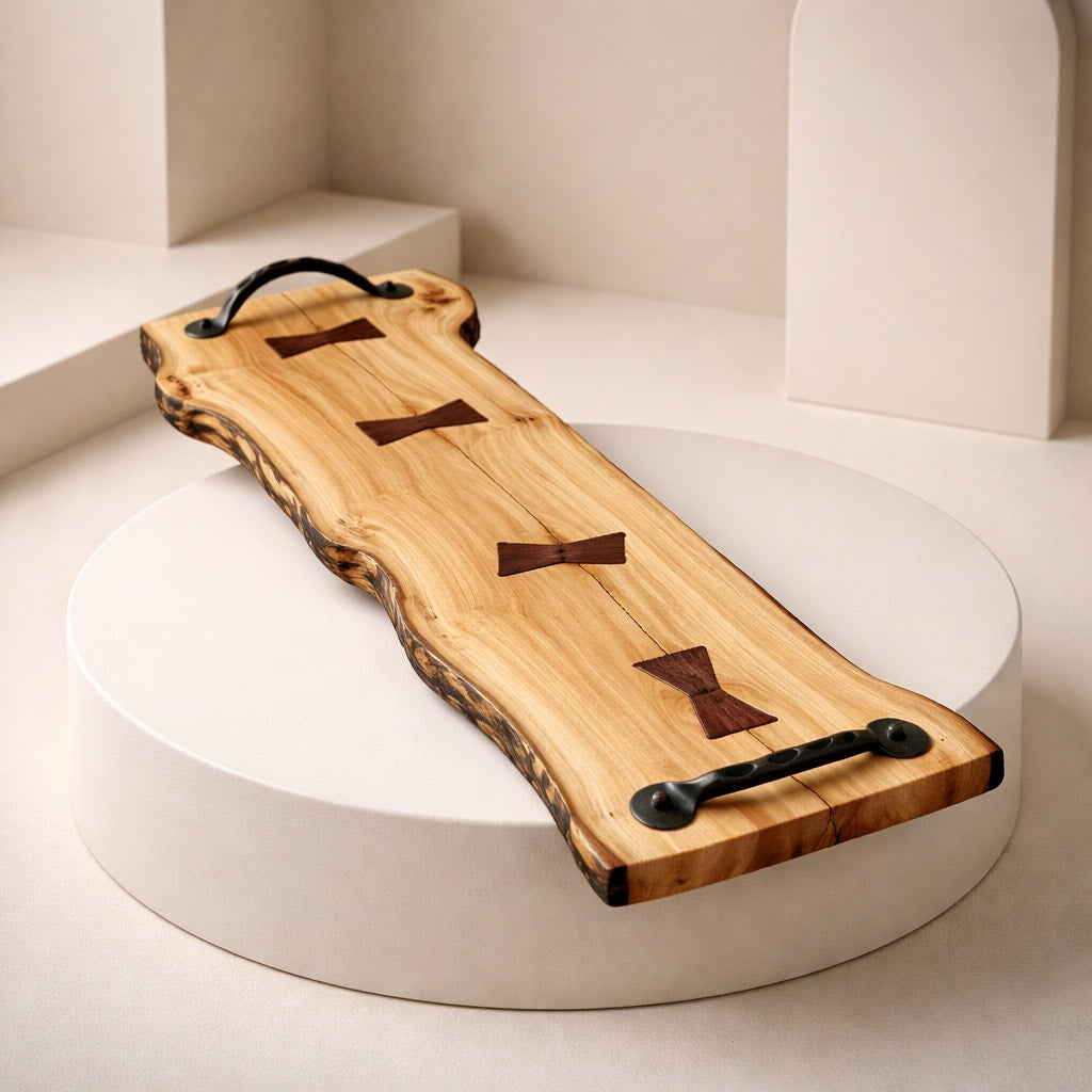 Live Edge Red Box Elder Charcuterie Board, walnut bow tie inlays, black wrought iron handles, 27.5 x 9 x .75, handmade, food safe