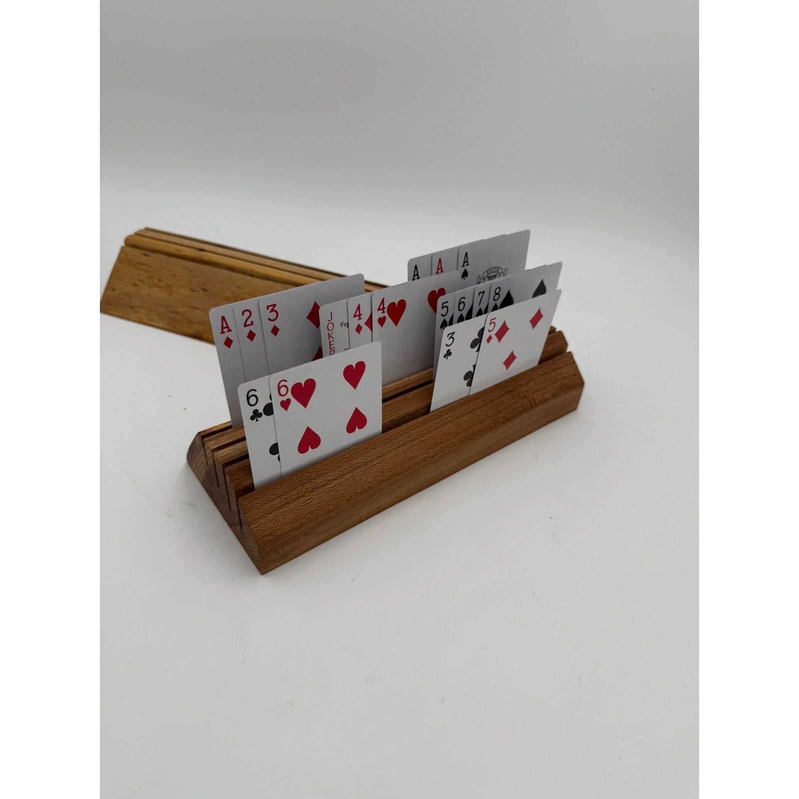 Handcrafted Wooden Playing Card Holder rack, 4-7 slot organizer, tabletop game accessory, bridge and poker aid
