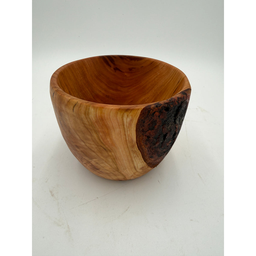 Hand Turned Cherry Wood Bowl with Live Edge, bark inclusion accent, from salvaged cherry log, 5.75" dia x 4.5" tall, hand crafted finish