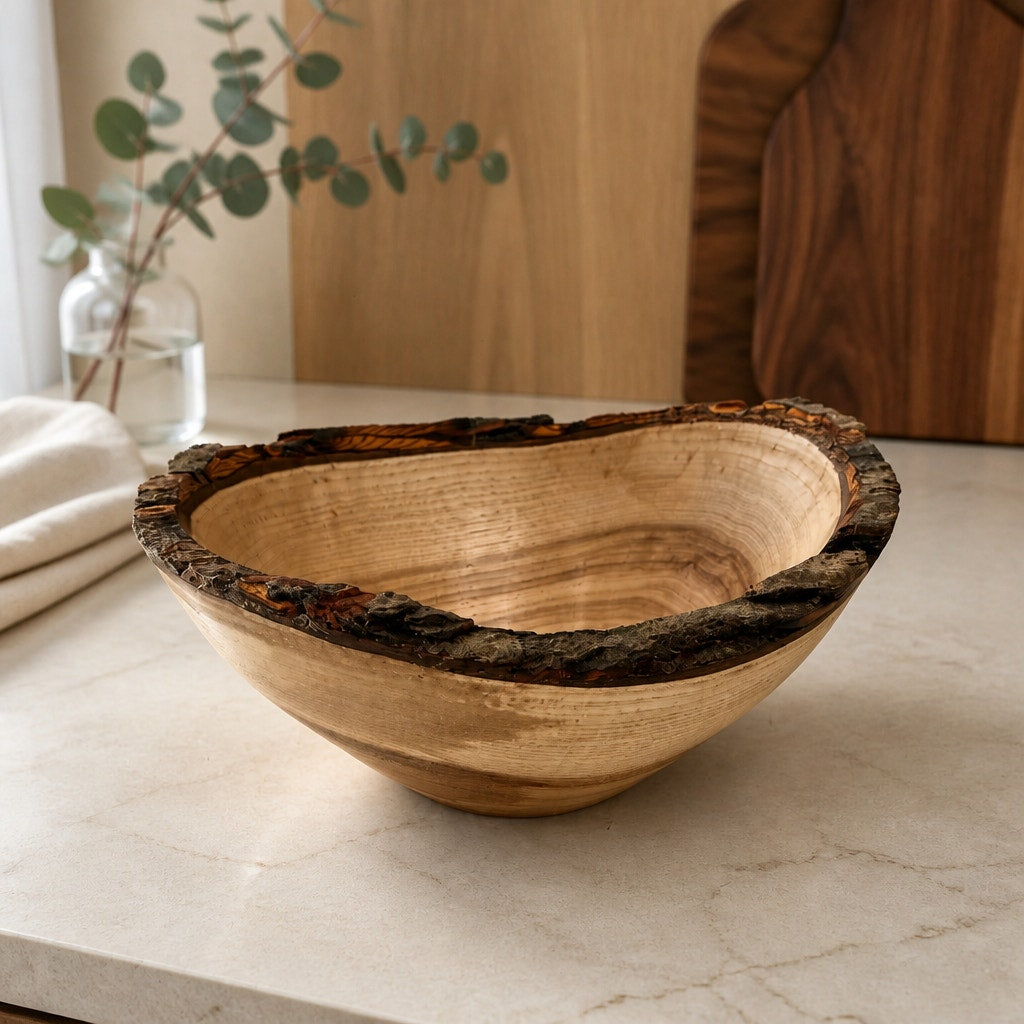 Live Edge Shagbark Hickory Hand Turned Bowl, rustic decor, natural bark rim, 7.5 x 7 x 3.5 in, food safe finish