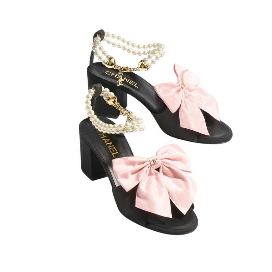 5966 - Chanel Block Heels with CC Pearl Ankle Strap & Pink Bow - Size 41 - NIB