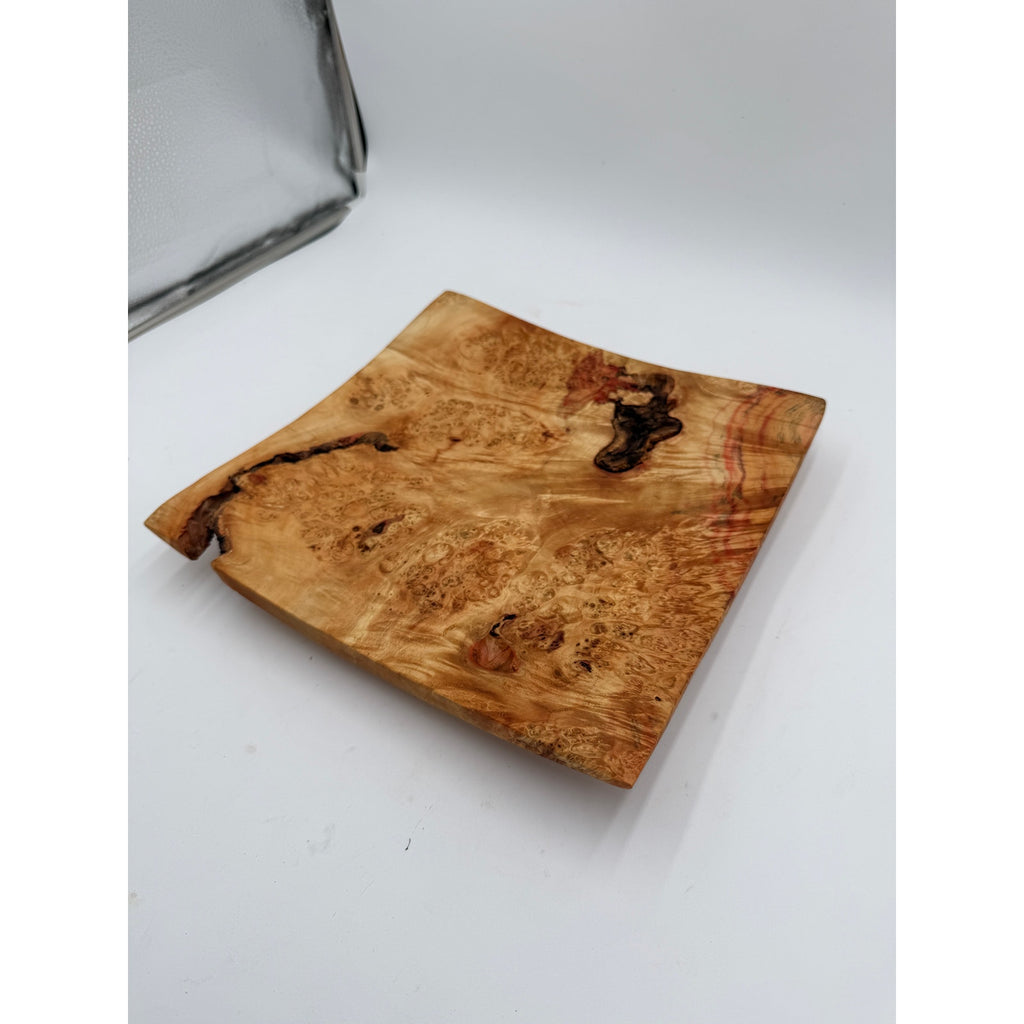 Box Elder Burl Hand Turned Square Bowl, 12x12x2 inches, natural edge, food safe finish, centerpiece decor