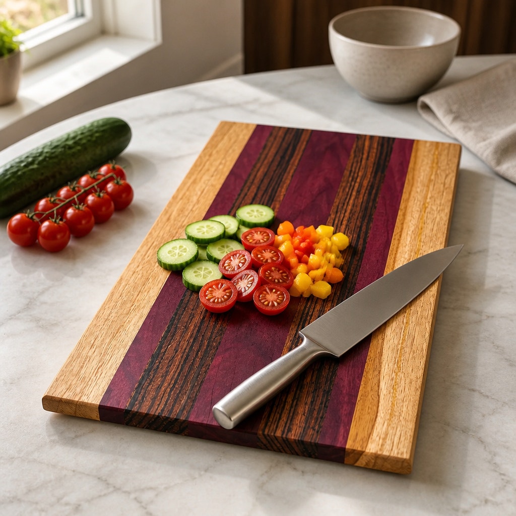 Handcrafted Exotic Hardwood Cutting Board, Teak, Purpleheart and Tigerwood, 20x11x3/4 in, serving charcuterie, kitchen gift