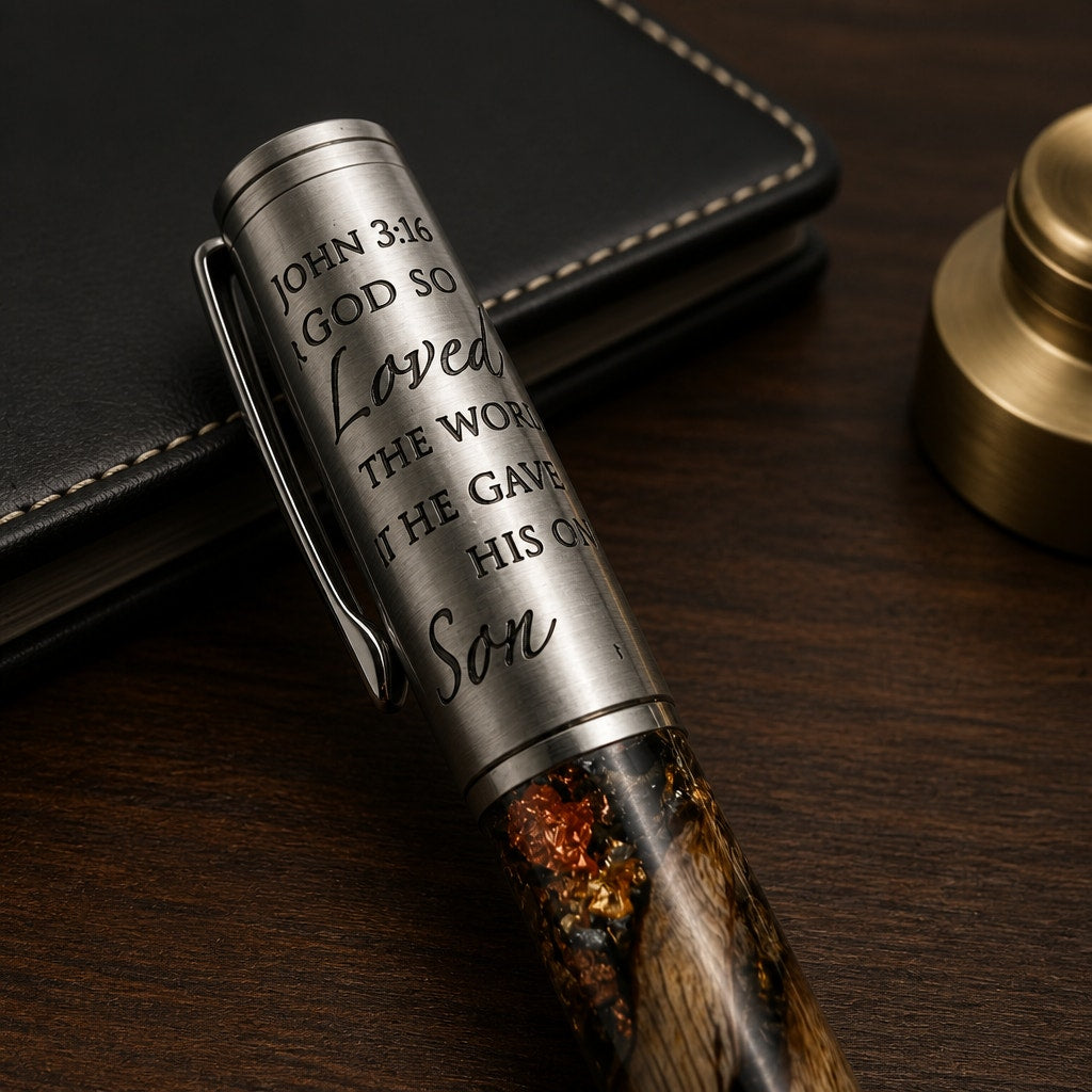 Premium Hand Turned Christian Pen, grapevine and clear epoxy body, metal cap engraved John 3:16, luxury writing gift for him