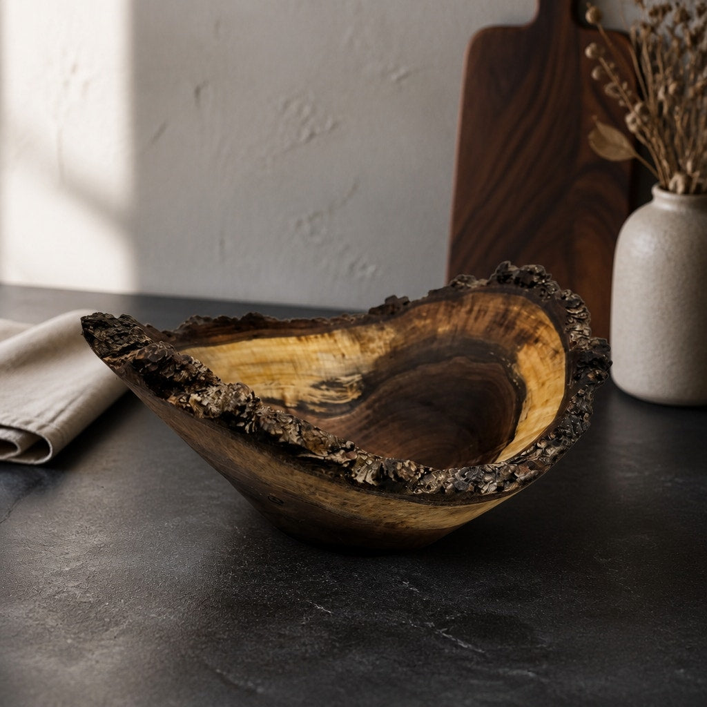 Live Edge Walnut Bark Rim Hand Turned Bowl, 11x8 size, 4.5 in tall, food safe finish, rustic centerpiece, artisan made