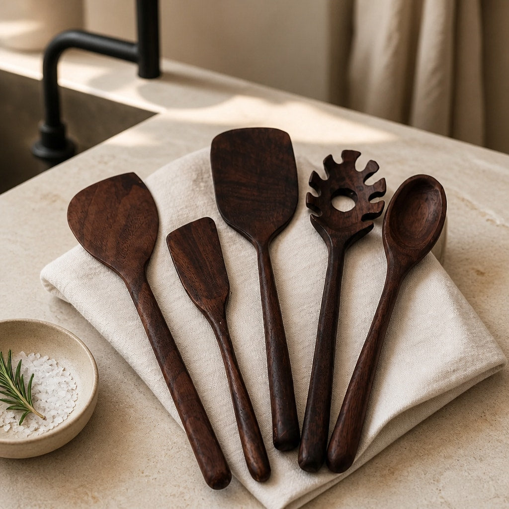 Walnut Cooking Tools Set for Everyday Kitchens, 5 piece bundle, spatulas and spoons, handmade, eco finish, gift ready