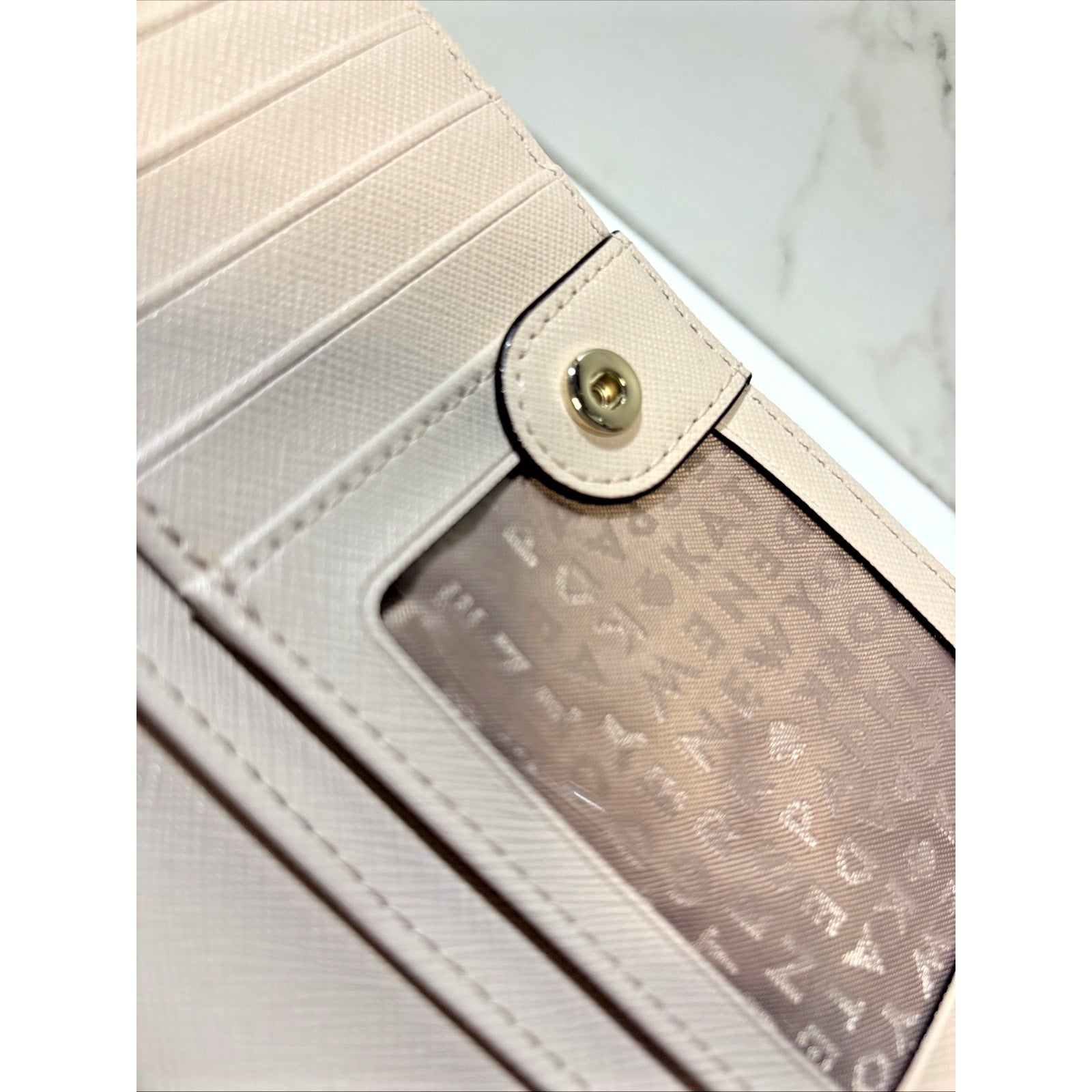 Kate Spade Laurel Way Stacy Snap Wallet Almond Black Leather Saffiano Cream Gold