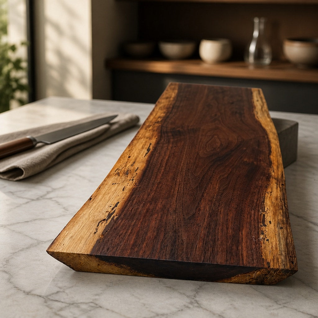 Live Edge Walnut Charcuterie Board Platter, rich dark coloring, intricate grain pattern, handcrafted, 18x8x1.1 in