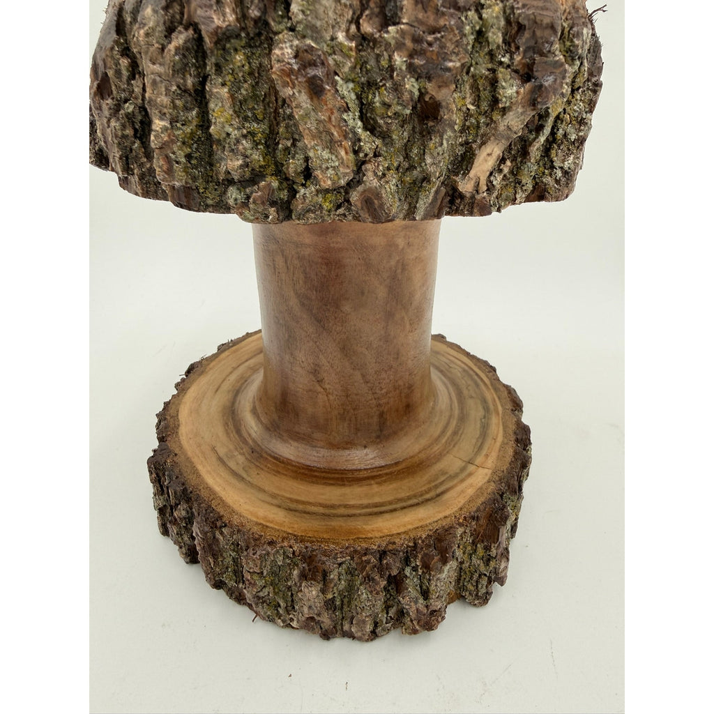 Live Edge Walnut Mushroom Tabletop Ornament, artisan woodturning, bark-on base and cap, natural walnut, 7" diameter, 9.5" height (SKU 1254)